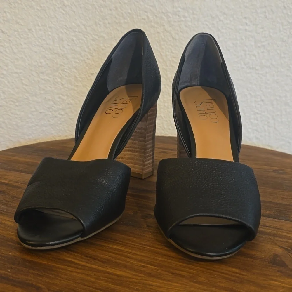 Franco Sarto|Black Pebbled Leather HIGH Block Heel Peep Toe Shoes Sz.7.5